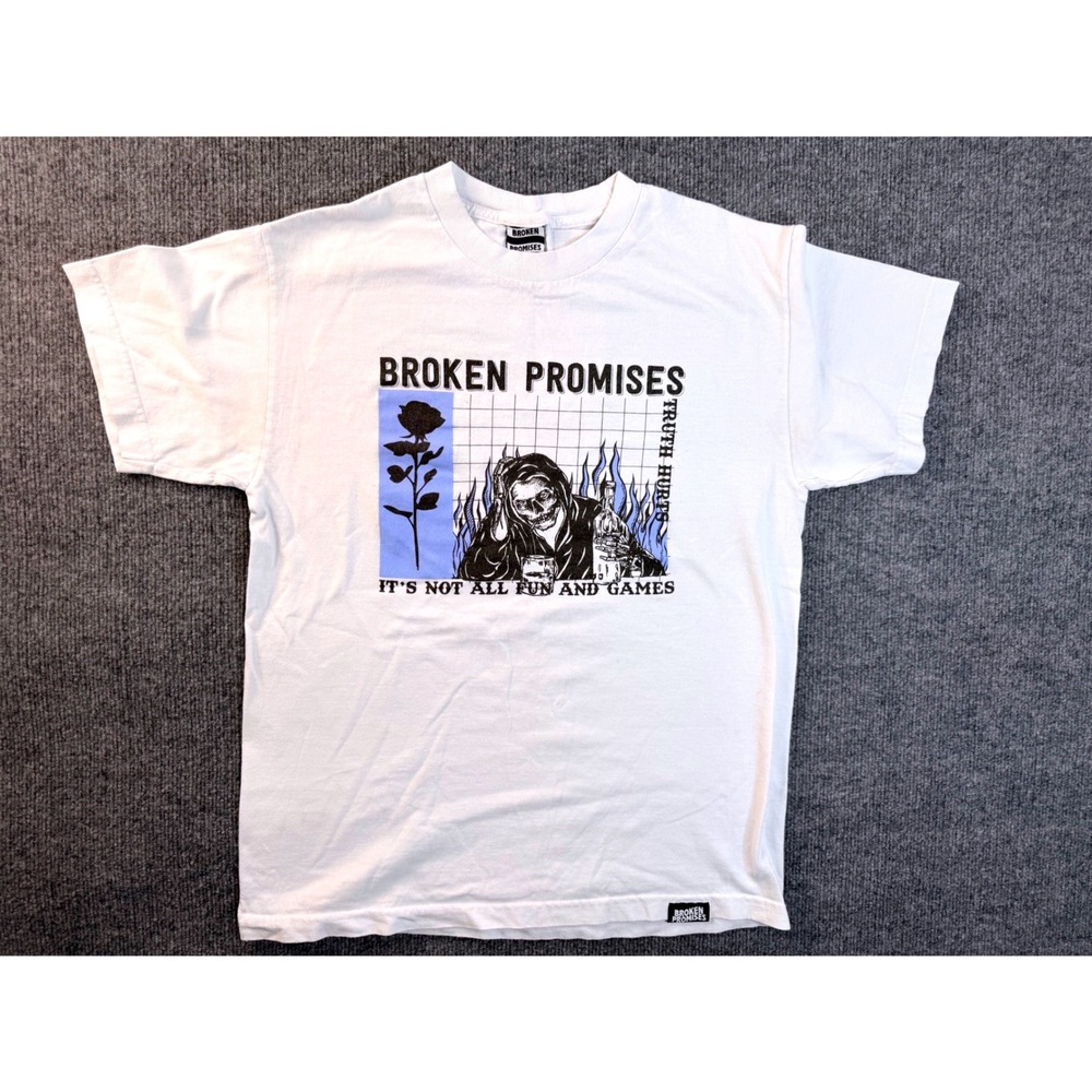 Broken Promises Mens Size M White Graphic Tee Grim Reaper Streetwear T-Shirt